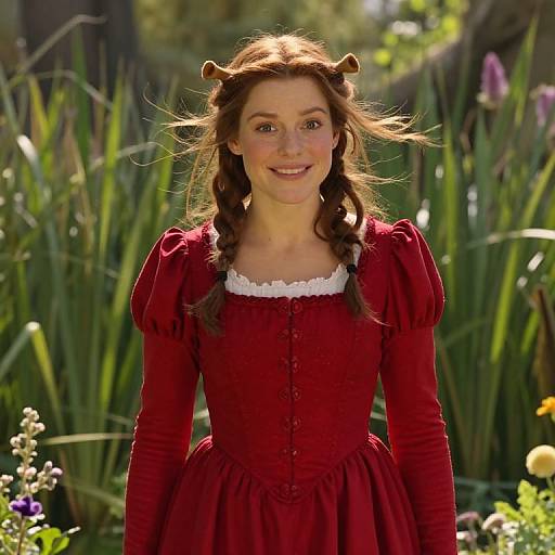 Photograph of a smiling young woman with braided brown hair wearing a red dress with puffed sleeves and small horn headbands, standing in a sun