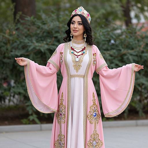 Photograph of a South Asian woman with dark curly hair, wearing an ornate pink and white traditional robe with gold embroidery, colorful jewels, and a