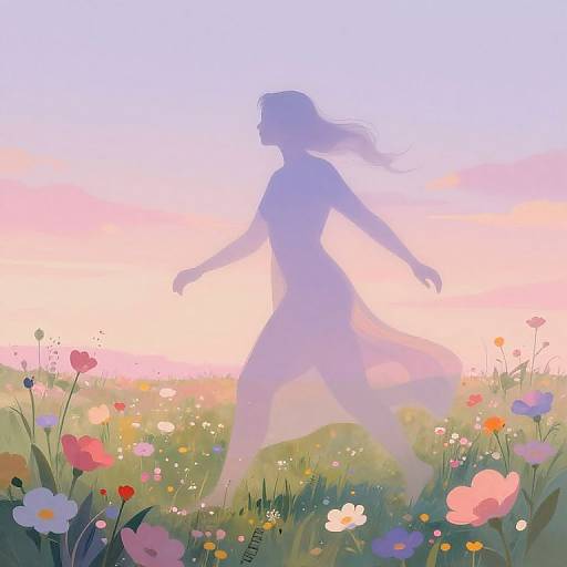 Digital art of a silhouetted woman running through a colorful, blooming meadow at sunrise, surrounded by vibrant flowers and soft pastel hues