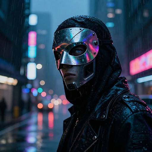 Cyberpunk street scene photograph of a masked figure in a wet, reflective silver mask and dark leather jacket, with neon lights and rain in the background