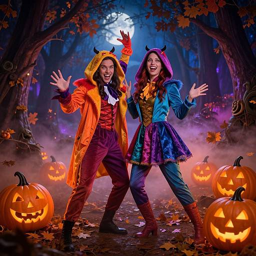 Photograph of two smiling Halloween-costumed women with devil horns, orange and blue velvet outfits, standing in a foggy forest with glowing jack-o'-