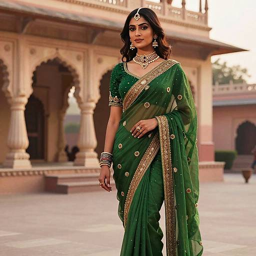 Dawn-lit Woman in Green Saree