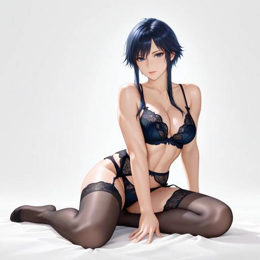 Woman in Blue Lingerie and Black Stockings