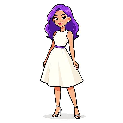Digital cartoon of a smiling woman with purple hair, wearing a white sleeveless dress, purple belt, and silver heels, standing against a white background.