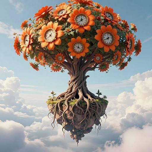 Imaginary tree with vibrant orange sunflowers, clock faces as petals, and exposed roots, floating above a cloudy sky. Digital art.