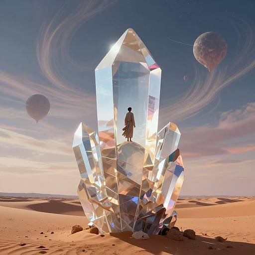 Digital artwork of a glowing, crystalline structure with a silhouetted figure, set in a desert with floating balloons and swirling clouds under a twilight