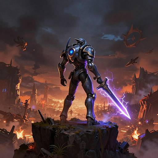 Digital artwork of a glowing-blue-eyed, armored warrior with a lightning sword standing on a rock amidst a fiery, ruined cityscape.