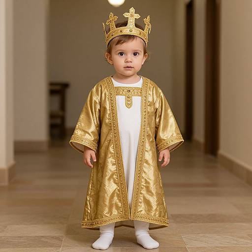 Photograph of a young child in a gold, embroidered robe and crown, standing in a hallway with tiled floor.