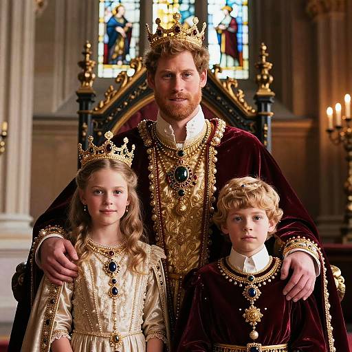 Photograph of a bearded king in ornate gold and maroon regalia, flanked by two young children in matching golden crowns and dresses