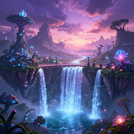 Digital fantasy artwork of a glowing, bioluminescent landscape with twin waterfalls, floating islands, vibrant neon flora, and a pink-purple sunset sky