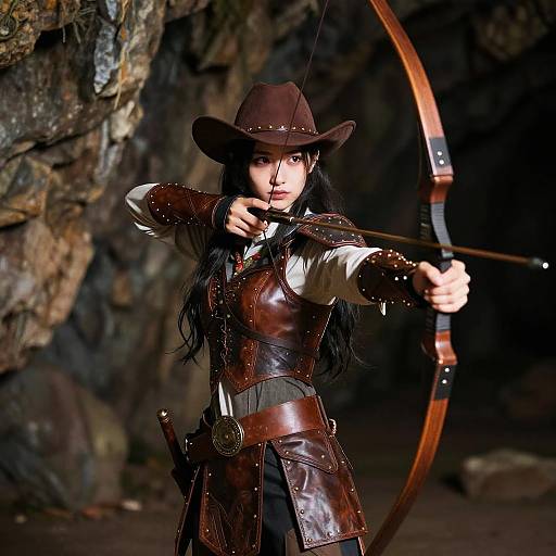 Photorealistic digital art: Dark-haired woman in brown leather cowboy outfit, drawing a wooden bow in a rocky cave. Intense expression, detailed textures