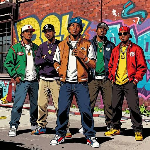 Photograph-style digital illustration of five Black men in streetwear standing against a graffiti-covered brick wall, each wearing baseball caps and gold chains. Bright,
