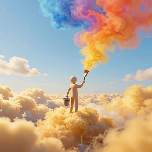 Digital illustration of a faceless, white figure standing on clouds, holding a torch with vibrant blue and orange smoke, bucket in hand, against a bright