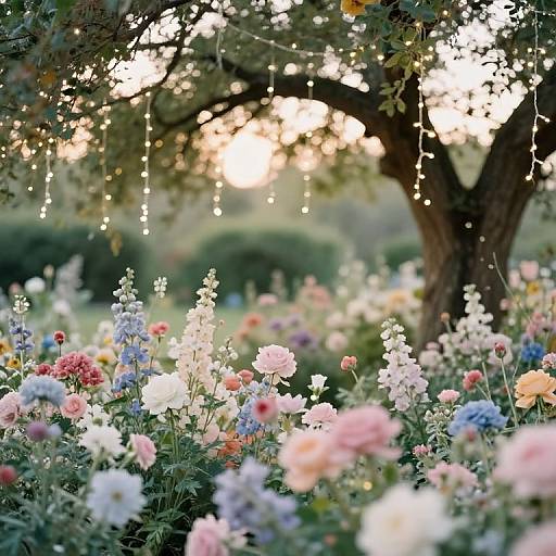 Photograph of a sunlit garden with a large tree, colorful flowers in pastel shades, and hanging fairy lights, creating a serene, dreamy