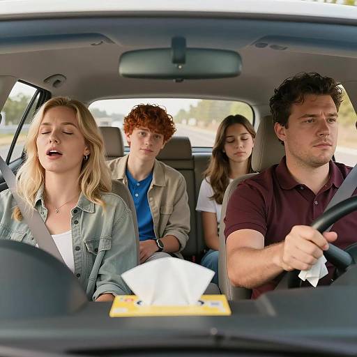 Family Road Trip with Tissue Box in Car