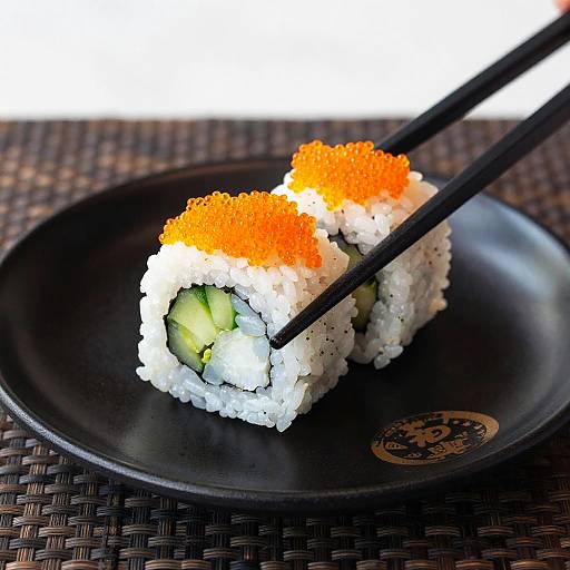 Photograph of two sushi rolls with white rice, cucumber, and bright orange tobiko on a black plate, held with black chopsticks.