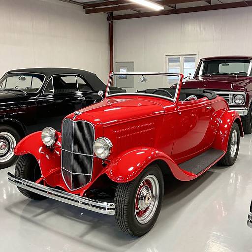 Photograph of a shiny red vintage convertible car with a black top, chrome grill, and whitewall tires, displayed in a bright, white-w