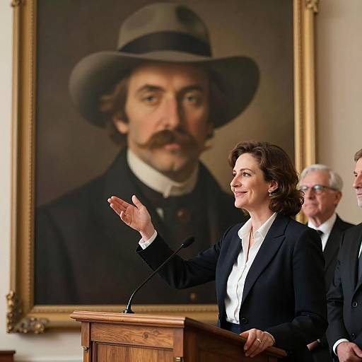Woman Speaking at Lectern with Historic Portrait Background