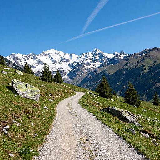 Photograph of a winding gravel path through a grassy mountain meadow, leading to snow-capped peaks under a bright blue sky with white contrails