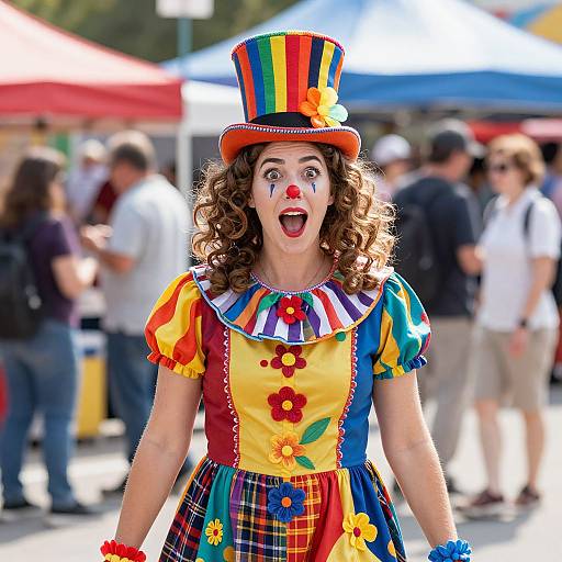 Curly-Haired Woman in Colorful Clown Costume