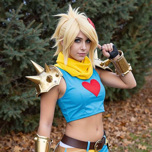 Blonde cosplay girl in blue top with red heart, yellow scarf, gold armor, and gauntlets, posing outdoors against evergreen trees.