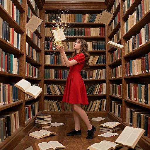 Photograph of a young woman in a red dress, black shoes, and glasses, levitating books with magic, in a wooden library aisle.