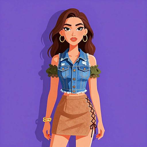 Digital illustration of a stylish woman with long brown hair, wearing a blue denim vest, green off-shoulder top, brown lace-up skirt, gold