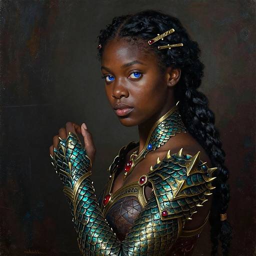 Photograph of an African woman with dark skin and blue eyes, wearing elaborate, golden, scale-covered armor with red and blue gems, against a dark