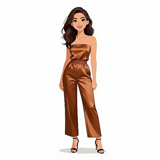 Chic Woman in Bronze Satin Jumpsuit