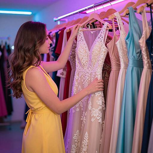 Photograph of a brunette woman in a yellow dress, admiring a lace-embellished white gown on a clothing rack in a brightly lit,