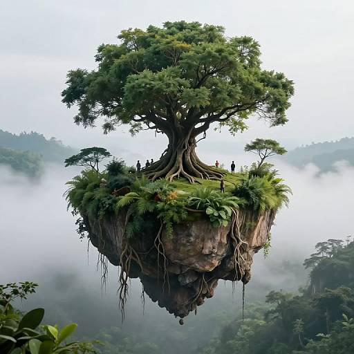 Fantastical CGI image of a massive, leafy tree floating on a rocky island, surrounded by misty, lush forest landscape, with small,