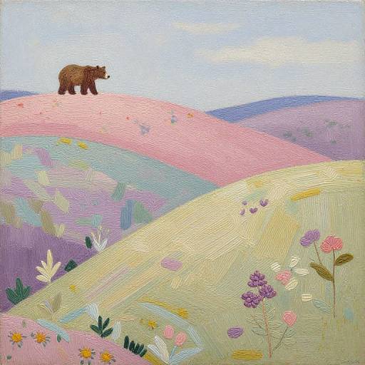 Colorful painting of a brown bear standing on a pink hill, surrounded by purple, green, and yellow flowers under a clear sky.