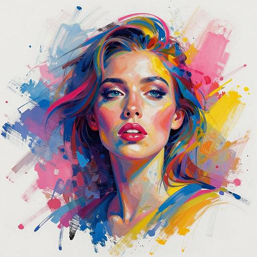 Vibrant digital portrait of a beautiful woman with colorful, abstract background. Bright hues of pink, blue, yellow, and purple highlight her face,
