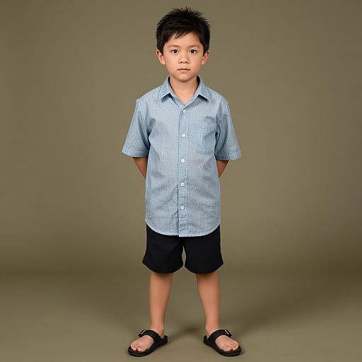 Photograph of a young Asian boy with short black hair, wearing a light blue striped shirt, black shorts, and black sandals, standing against a plain