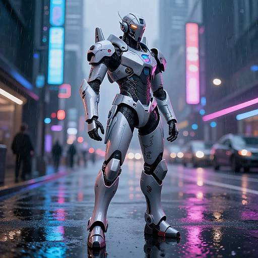 CGI image of a white, humanoid robot standing in a neon-lit, rainy city street at night, with reflections on wet pavement.