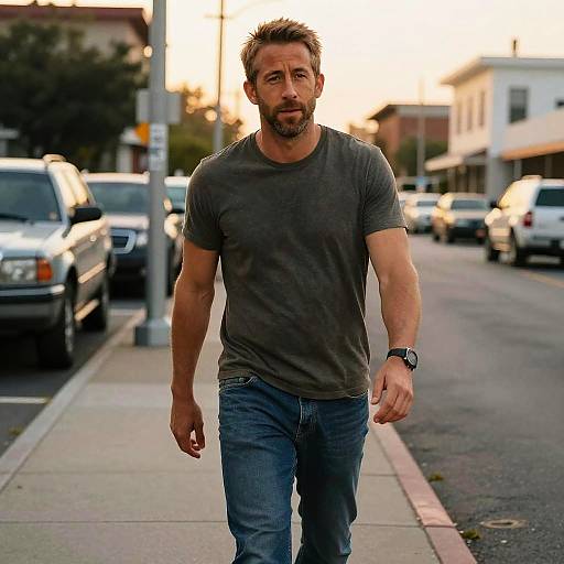 Man Walking on Urban Sidewalk at Golden Hour