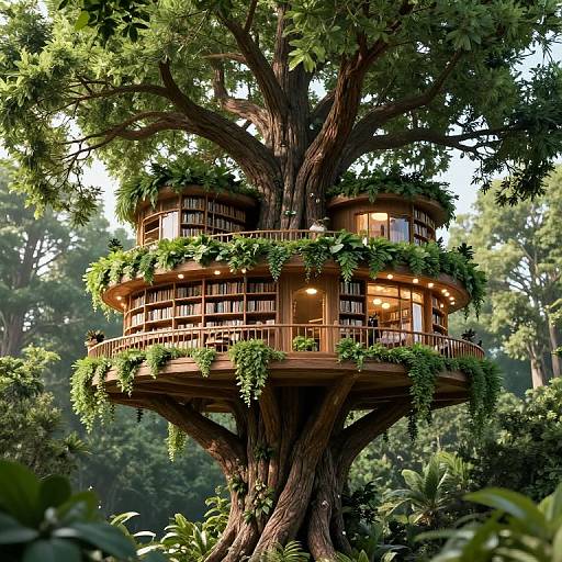 Photorealistic CGI of a wooden treehouse library with lush greenery, nestled in a dense forest, illuminated by warm interior lights.