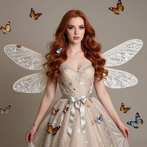 Photograph of a fair-skinned redhead woman in an ornate white fairy dress with intricate lace and satin ribbon, wearing translucent, star-patterned wings