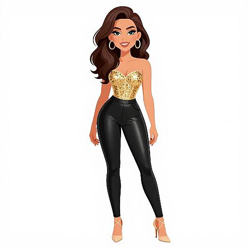 Digital illustration of a stylish woman with long brown hair, wearing a gold sequined top, black leather pants, and nude heels, against a white background