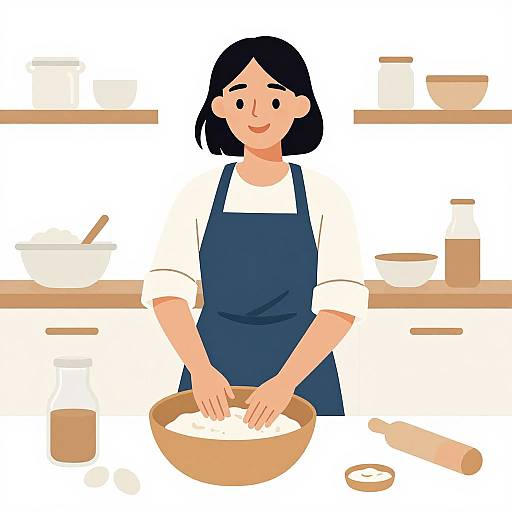 Digital illustration of an Asian woman with black hair, wearing a blue apron, mixing dough in a bowl in a kitchen. Shelves with bowls and