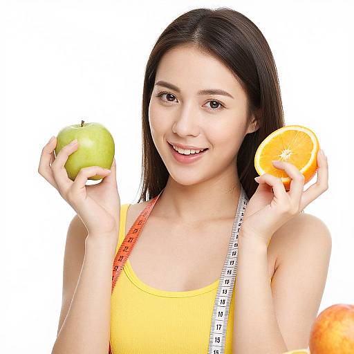 Photograph of a smiling young woman with straight black hair, wearing a yellow tank top and measuring tape, holding a green apple and half an orange against
