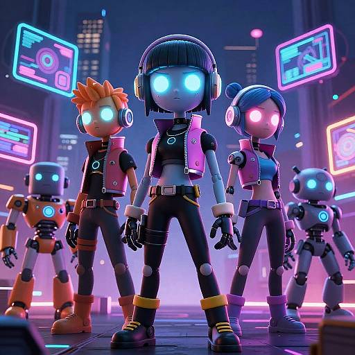 Cyberpunk-style CGI image of four glowing-eyed, neon-lit robotic children in futuristic outfits, standing confidently in a brightly lit, neon-infused