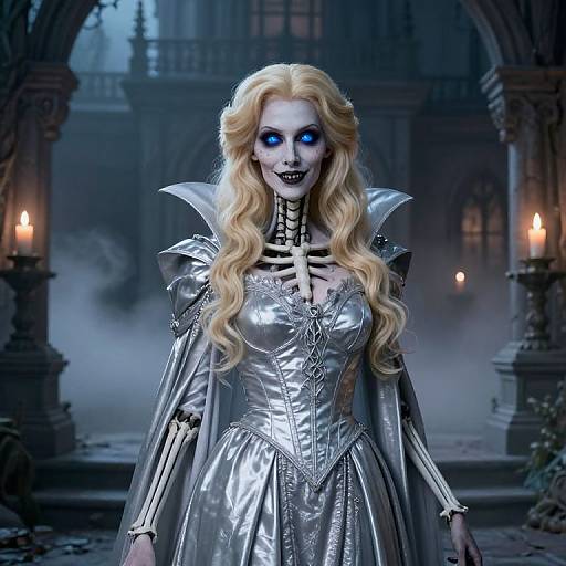 Digital artwork of a ghostly woman with long blonde hair, glowing blue eyes, skeletal neck, and silver armor dress, standing in a dark, go