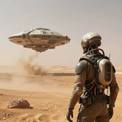 Photograph-style CGI of a futuristic astronaut in gray gear and helmet, with backpack, facing a hovering alien spaceship in a desert landscape.