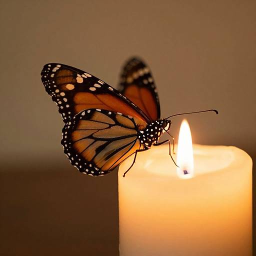 Photograph of an orange and black Monarch butterfly with white spots, perched on a glowing, white candle in a soft, warm light.