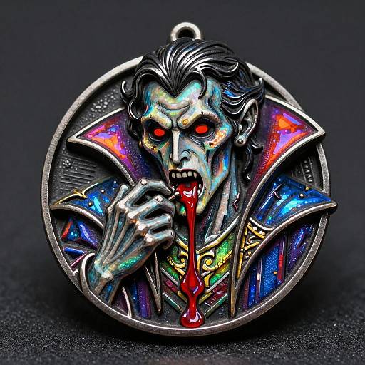 Detailed digital art of a vibrant, blood-sucking vampire with glowing red eyes, colorful, starry cloak, and silver-gray skin, biting into a