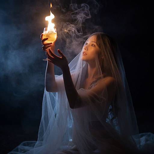 Photograph of a mystical, veiled woman with glowing blue eyes, holding a burning torch, surrounded by smoke, in a dark, ethereal setting