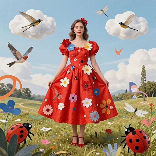 Photograph of a woman in a red floral dress, standing in a whimsical field with colorful flowers, butterflies, and ladybugs.