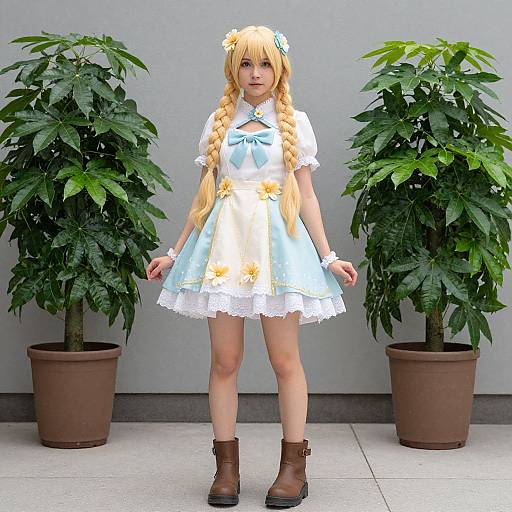 Photograph of a blonde cosplayer with long braids, wearing a blue and white floral dress, brown boots, standing between two potted plants.