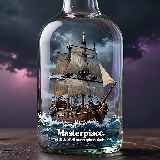 Photograph of a detailed, clear glass bottle with a vintage ship model inside, sails billowing, waves below, and 